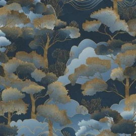 Elle Decoration Oriental Trees Blue/Gold Metallic Wallpaper - 10448-08