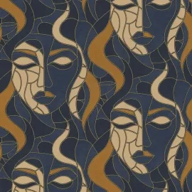 Elle Decoration Moretta Mosaic Faces Blue Metallic Wallpaper - 10458-08