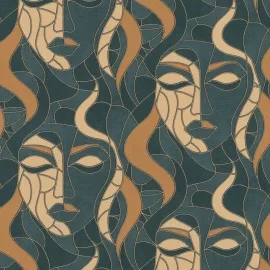 Elle Decoration Moretta Mosaic Faces Green Metallic Wallpaper - 10458-19