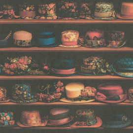 High-resolution flat swatch of Erismann Teatime Hats wallpaper showing the brown multi textured pattern.