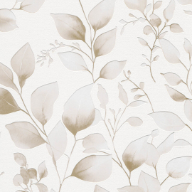 Close-up material sample of the Erismann Modern Balance 10577-11 design showing the brown eucalyptus leaf botanical pattern.