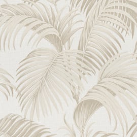 Close-up material sample of the Erismann Modern Balance 10600-02 design showing the warm beige canopy leaf print details.