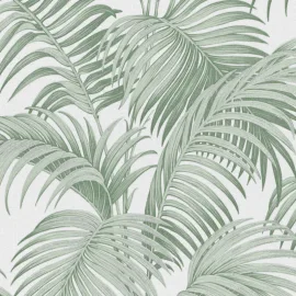 Close-up material sample of the Erismann Modern Balance 10600-07 design showing the soft green canopy leaf print details.