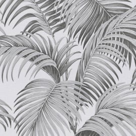 Close-up material sample of the Erismann Modern Balance 10600-15 design showing the deep black canopy leaf print details.