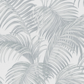 Close-up material sample of the Erismann Modern Balance 10600-31 design showing the soft light grey canopy leaf print details.