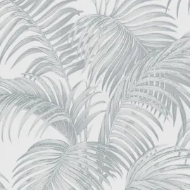 Close-up material sample of the Erismann Modern Balance 10600-31 design showing the soft light grey canopy leaf print details.