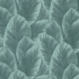Close-up material sample of the Erismann Modern Balance 10602-07 design showing the green palm foliage layers and metallic highlights.