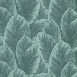 Close-up material sample of the Erismann Modern Balance 10602-07 design showing the green palm foliage layers and metallic highlights.