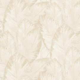Close-up material sample of the Erismann Modern Balance 10602-14 design showing the cream palm foliage layers and metallic highlights.