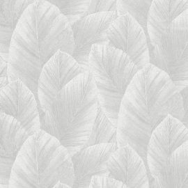Close-up material sample of the Erismann Modern Balance 10602-31 design showing the light grey palm foliage layers and metallic highlights.