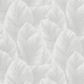 Close-up material sample of the Erismann Modern Balance 10602-31 design showing the light grey palm foliage layers and metallic highlights.