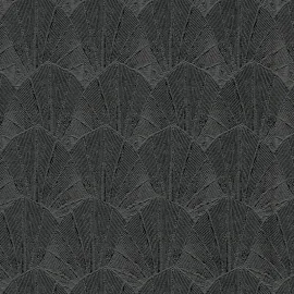 Close-up material sample of the Erismann Modern Balance 10603-15 design showing the black imperial leaf trail and metallic details.