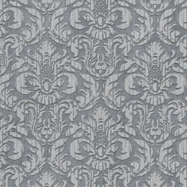 Close-up material sample of the Erismann Modern Balance 10604-47 design showing the anthracite charcoal traditional damask print details.