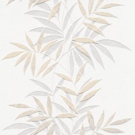 Close-up material sample of the Erismann Modern Balance 10607-02 design showing the warm beige trailing botanical leaf stripe details.