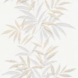 Close-up material sample of the Erismann Modern Balance 10607-02 design showing the warm beige trailing botanical leaf stripe details.