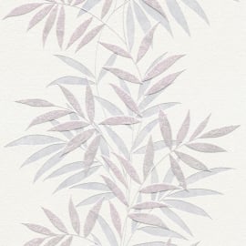 Close-up material sample of the Erismann Modern Balance 10607-05 design showing the soft pink trailing botanical leaf stripe details.
Roll Image: Studio photograph of the pink botanical leaf stripe w