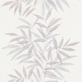 Close-up material sample of the Erismann Modern Balance 10607-05 design showing the soft pink trailing botanical leaf stripe details.
Roll Image: Studio photograph of the pink botanical leaf stripe w