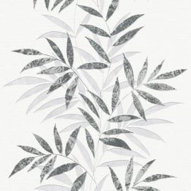 Close-up material sample of the Erismann Modern Balance 10607-15 design showing the black and grey trailing botanical leaf stripe details.