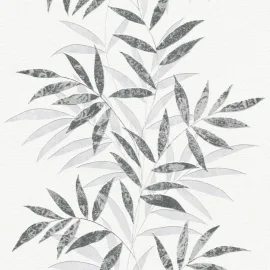 Close-up material sample of the Erismann Modern Balance 10607-15 design showing the black and grey trailing botanical leaf stripe details.
