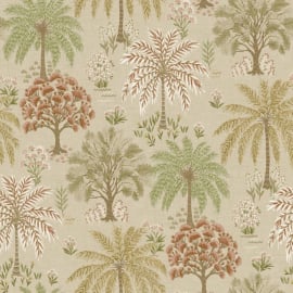 Flat swatch of 14290 showing the coral and beige leaf detail.