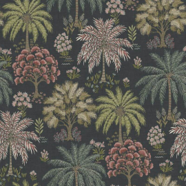 Flat swatch showing the navy blue palm and foliage motifs.