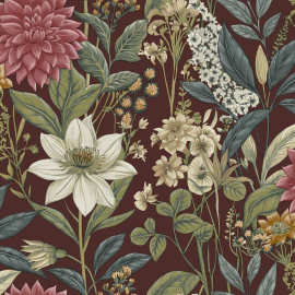 Flat swatch showing the berry and plum flower head details.