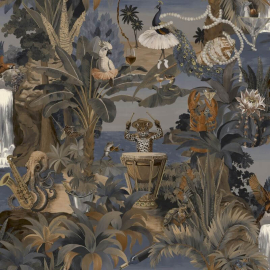 Flat swatch showing the navy ground and metallic animal details.