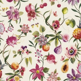 Flat swatch showing the cream ground and colourful fruit pattern.