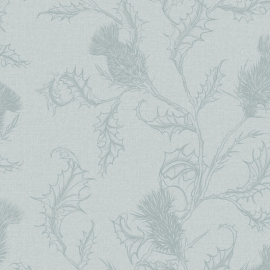 Close-up material sample of the Holden Decor Glenmore 14371 design showing the detailed thistle leaf motif on blue paper.