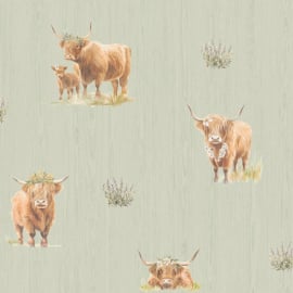 Close-up material sample of the Holden Decor Glenmore 14380 design showing the detailed highland cow motif on sage green paper.