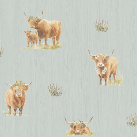 Close-up material sample of the Holden Decor Glenmore 14381 design showing the detailed highland cow motif on blue paper.