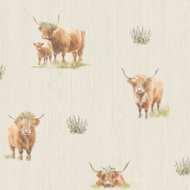Close-up material sample of the Holden Decor Glenmore 14382 design showing the detailed highland cow motif on natural cream paper.