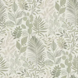 Flat swatch of Galerie Angslycka Botanical Leaf in green showing the smooth non-woven flat paper surface.