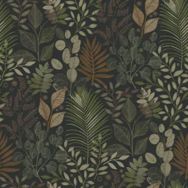Flat swatch of Galerie Angslycka Botanical Leaf in black and green showing the smooth non-woven flat paper surface.