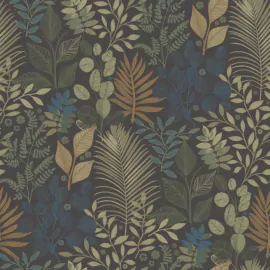 Flat swatch of Galerie Angslycka Botanical Leaf in blue and green showing the smooth non-woven flat paper surface.