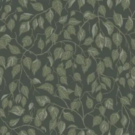 Flat swatch of Galerie Hangbjork Woodland Tree in dark green showing the smooth non-woven flat paper surface.