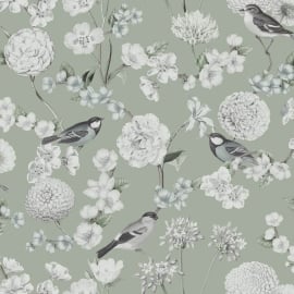 High-resolution flat swatch of Muriva Avery wallpaper showing the green and grey bird and floral pattern.