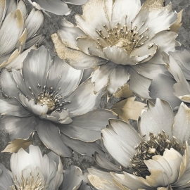 Muriva Aminah Large Floral Charcoal/Gold Metallic Wallpaper - 224501