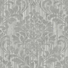 High-resolution flat swatch of Muriva Theon Damask wallpaper in grey with a shimmering metallic finish.