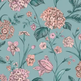 Rasch Amelie Hydrangea Floral Teal/Pink Wallpaper - 260155