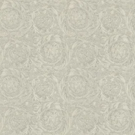 Flat swatch of Versace Barocco Flowers in beige and grey showing the detailed non-woven substrate surface.