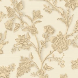 Close-up material sample of the Rasch Florentina Angelina 400907 design showing the champagne metallic floral trails and textured background.
