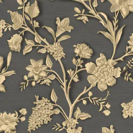 Close-up material sample of the Rasch Florentina Angelina 400914 design showing the gold metallic floral trails and black textured background.