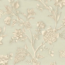 Close-up material sample of the Rasch Florentina Angelina 400921 pattern showcasing the sage metallic floral trails on a textured ground.