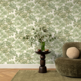 Creative design perspective demonstrating how the rich botanical print brings a vibrant, nature-inspired feel to a contemporary dining space.