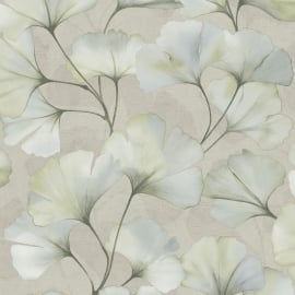 Close-up material sample of the Rasch Luminara Elara 410423 design showing the aqua blue ginkgo leaves and fine metallic highlights.