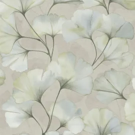 Close-up material sample of the Rasch Luminara Elara 410423 design showing the aqua blue ginkgo leaves and fine metallic highlights.