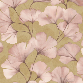 Close-up material sample of the Rasch Luminara Elara 410430 design showing the blush and ochre ginkgo leaves with metallic highlights.