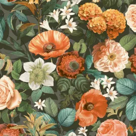 Close-up material sample of the Rasch Luminara Olivia 410508 design showing the vibrant green multi floral trails on a subtle backdrop.