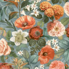 Close-up material sample of the Rasch Luminara Olivia 410515 design showing the rich teal multi floral trails on a textured background.